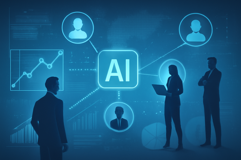 IA de prospecção ilustrada com gráficos e conexões entre leads