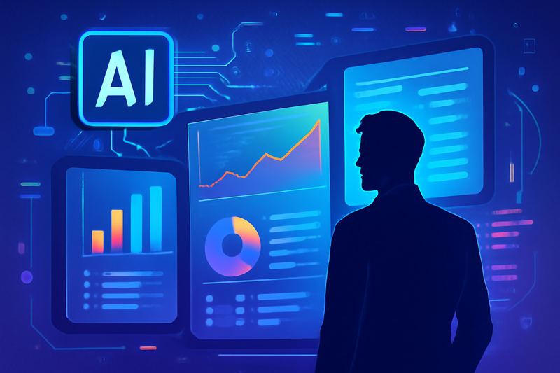 Ilustracao de prospecao com IA com dashboards